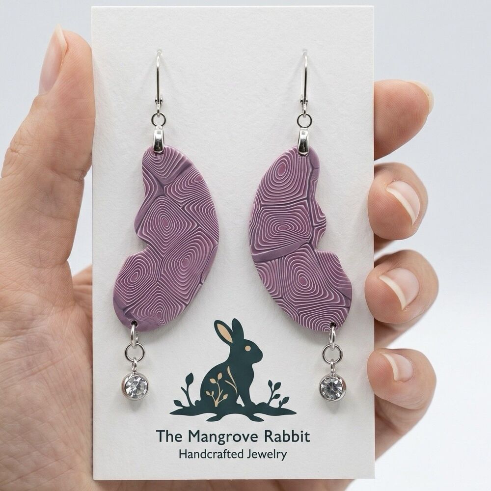 Polymer Clay Handmade Dangle Earrings Pink Swirl Butterfly Wings w Rhinestones